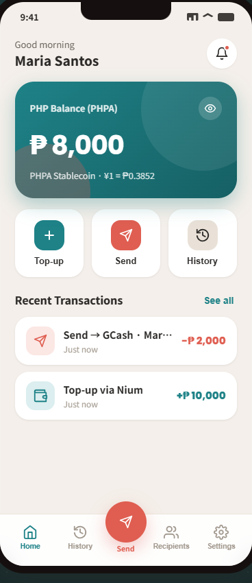 Kapwa Wallet app home screen showing peso balance and recent transfers